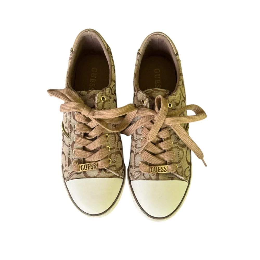 Guess Women's Tan & Brown Faux Leather Zip Sneakers WGHartly 2-C Blue Size 7.5